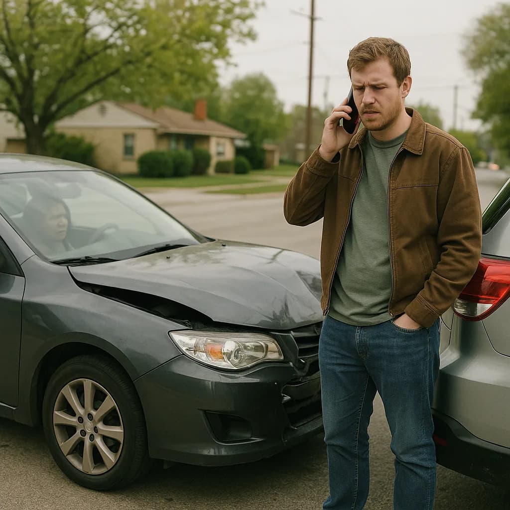 Man on phone inspecting damaged car after accident in suburban neighborhood