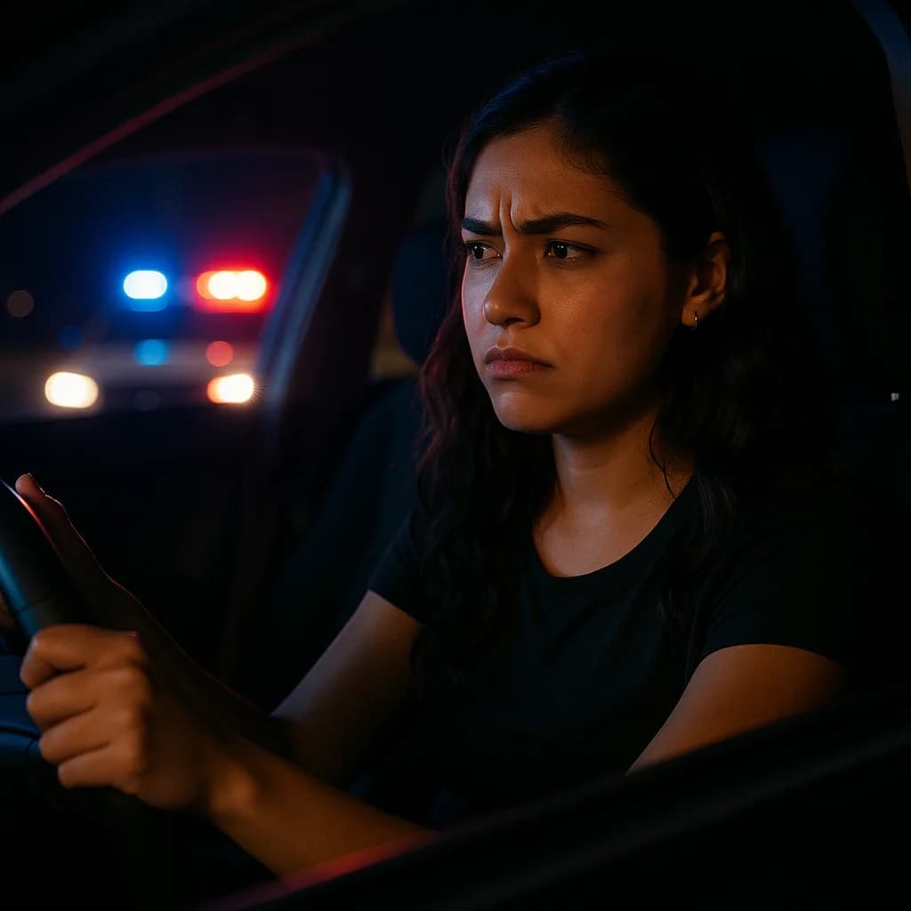 Woman with serious expression at night with police car lights in background