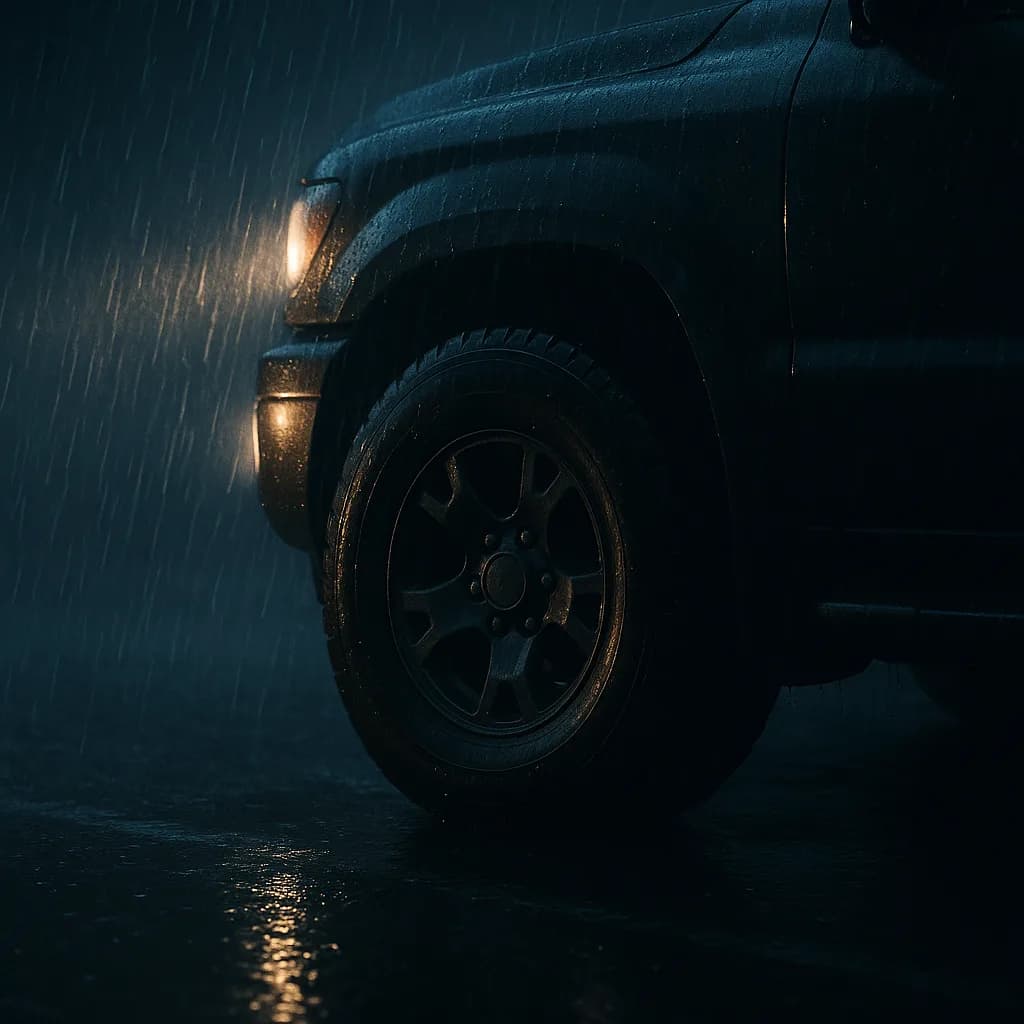 Close-up of car wheel and fender in rain at night with dramatic lighting and water reflections