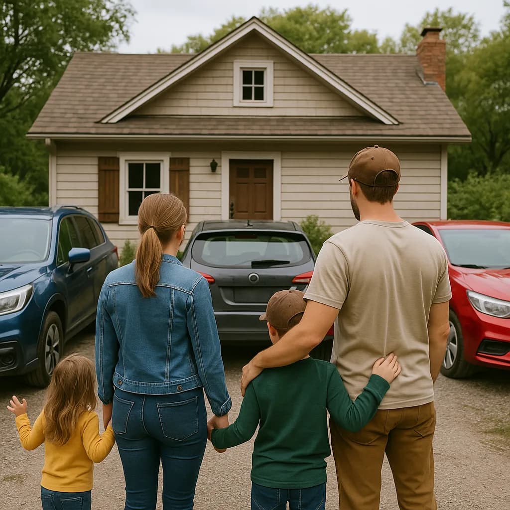 Family of four viewing a house from driveway with three parked cars