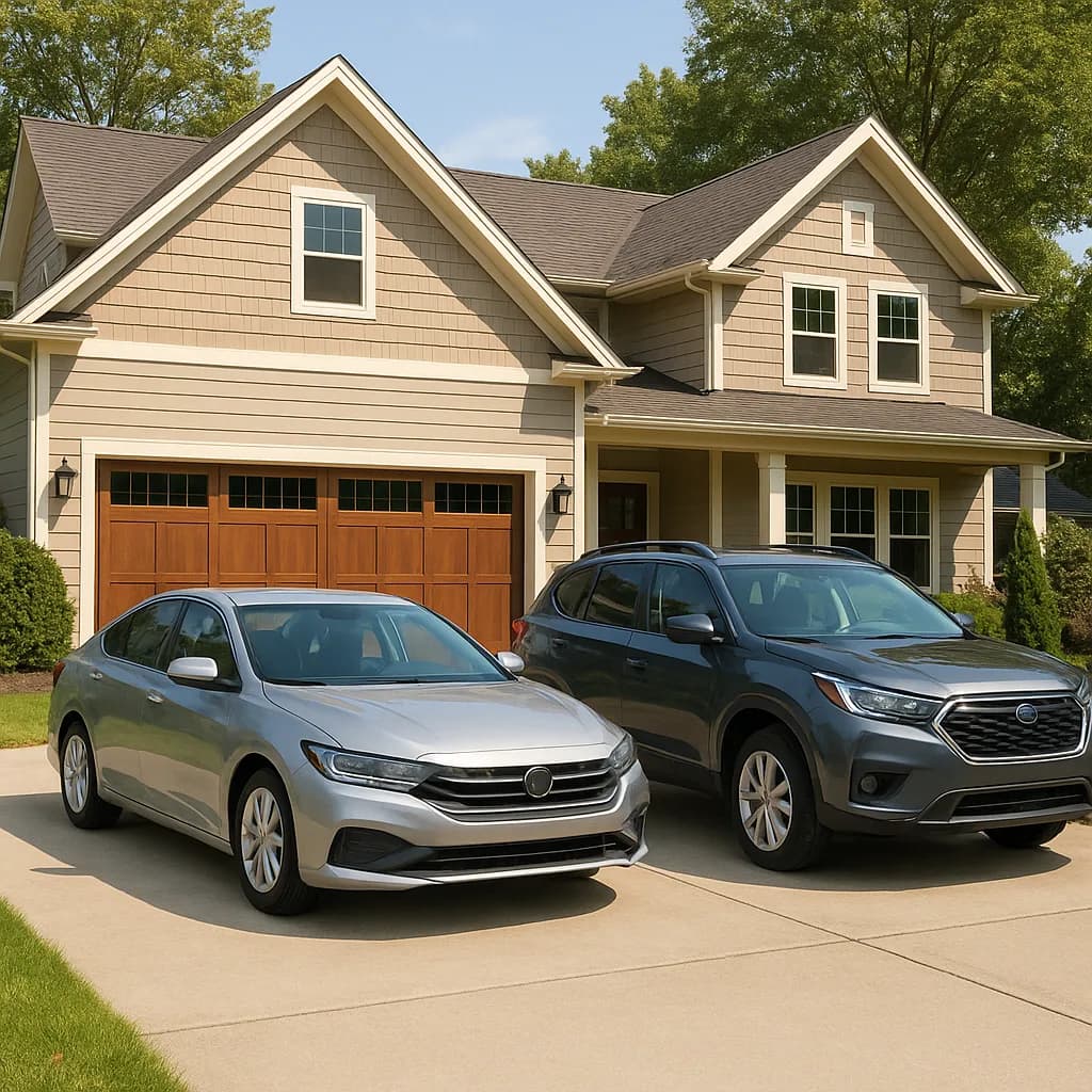 Silver sedan and gray SUV parked in driveway of beige two-story suburban home with brown garage doors